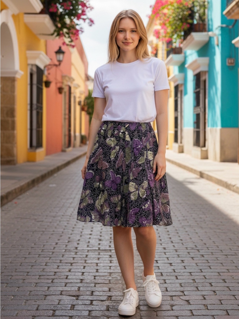 Zoe Multicolor Floral Butterfly Pleated A-Line Knee Length Skirt Small.